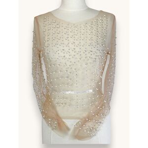 Sheer Beaded Rhinestone Mesh Top Nude Pearl Studded Long Sleeve Glam Festival